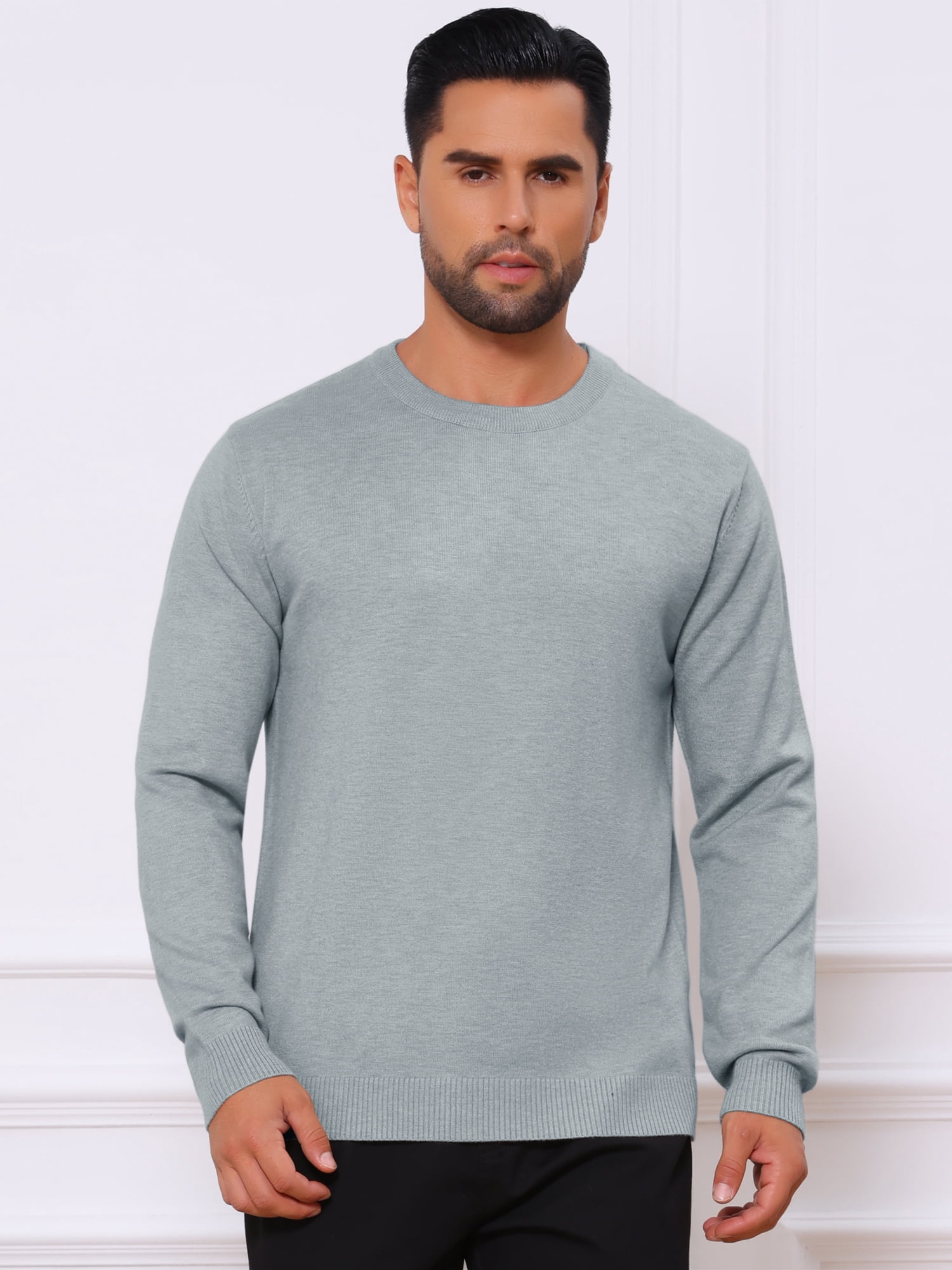 DARING DIVA Men's Solid Crew Neck Long Sleeve Soft Knit Pullover Sweater L Light Gray