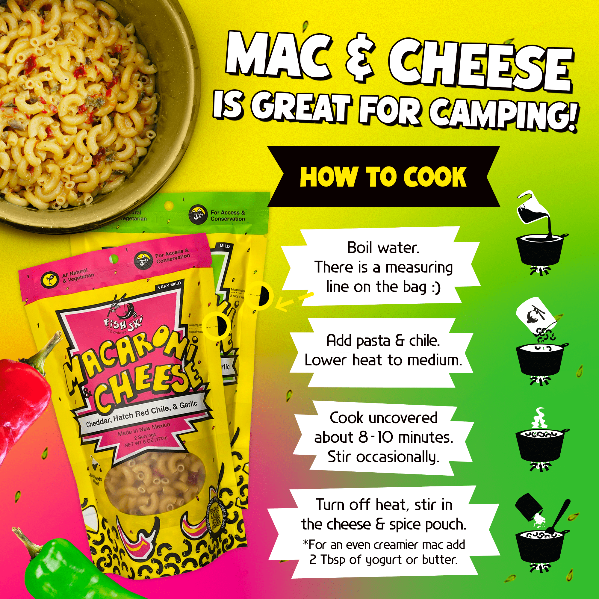 FishSki Provisions Macaroni and Cheese Variety Pack, Garlic Cheddar Cheese, Hatch Red and Green Chile, 6 oz bags, 12 pack