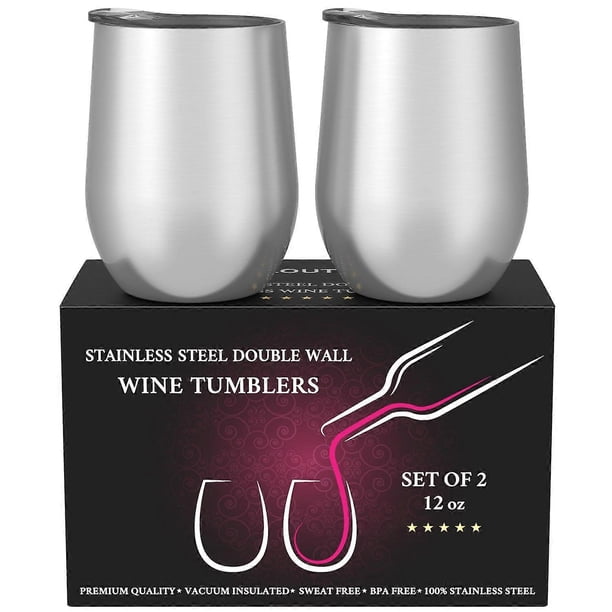 Stainless Steel Stemless Wine Glasses 2 Pack 12Oz - Double Wall Vacuum Insulated Wine Glass With Lid Set Of Two For Coffee, Wine, Cocktails.