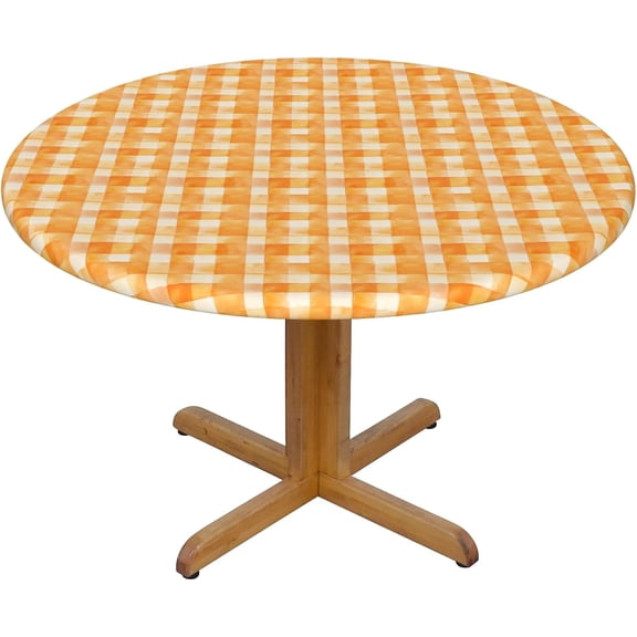 Round Fitted Tablecloth 44 Inch, Watercolor Orange Checkered Elastic Tablecloth for Round Tables Tablecloth Fitted Stain Resistant Tabletop Covers Farmhouse Table Cover for Dining, Parties, Camping