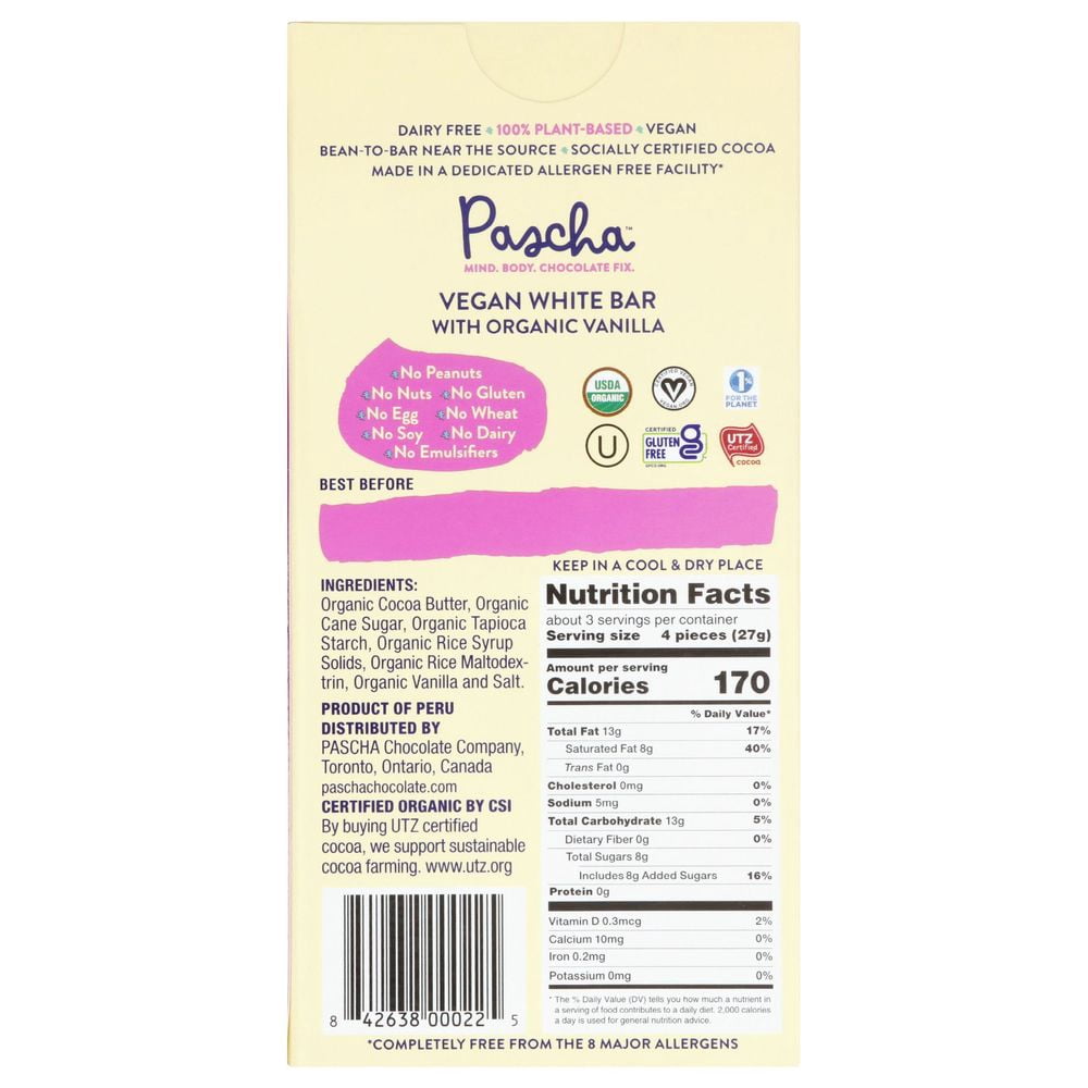 Pascha Organic Vegan White Chocolate Bar with Vanilla, 2.82 Ounce -- 10 per case.