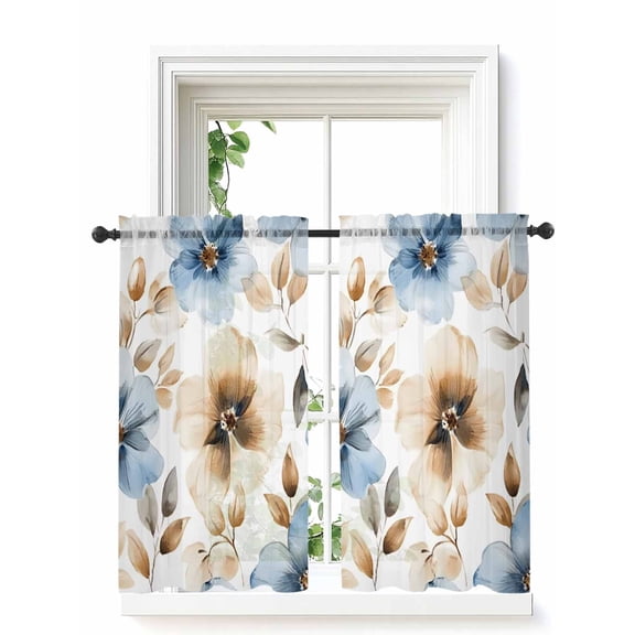 Blue Brown Spring Floral Curtains 54 Inch Length,Sheer Curtains for Bedroom Living Room Window Summer Botanical Watercolor Rod Pocket Voile Drapes Kitchen Curtains Small Half Window 42"x54" 2 Panels
