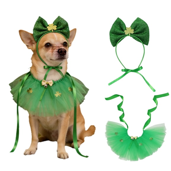 Msgweeeg St Patricks Day Pet Costume Dog Lace Skirt and Bow Headband Irish Themed Dress Up for Small Dogs Cats Festive Party Photo Props