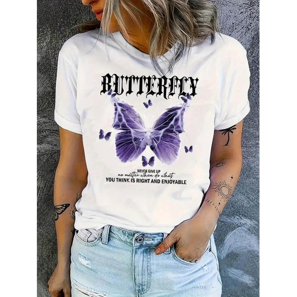 1pc Women'S Casual Crew Neck T-Shirt with Lightning Butterfly Print, Fashionable Short Sleeve Top, Comfortable Summer Knit Polyester Tee with Medium Stretch