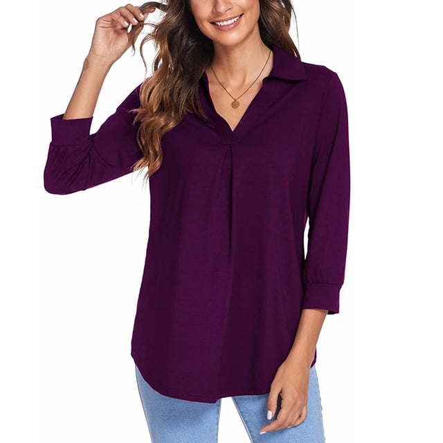Puntoco Tallas grandes Mujeres Casual Suelto Pullover Cuello en V top Camisa de color sólido Puntoco Puntoco-5062