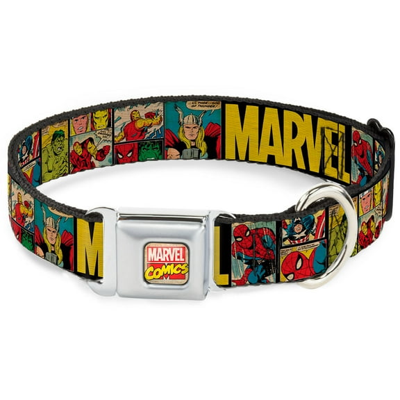 Marvel Comics Pet Collar, Dog Collar Metal Seatbelt Buckle, Marvel Retro Comic Panels Black Yellow, 9.5 to 13 Inches 1.0 Inch Wide