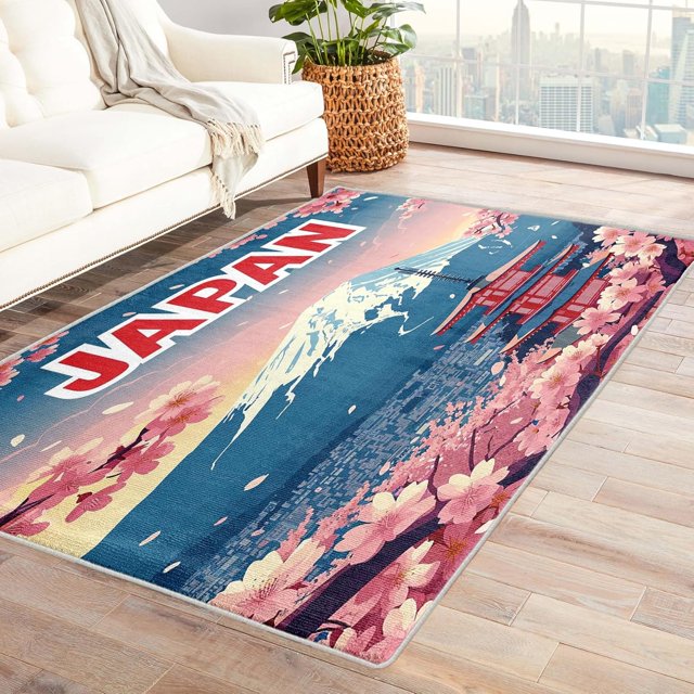 Japanese Rug & Home Decor - Cherry Blossom Mount Fuji Rugs for Entryway, Front Door Mat Indoor Entrance, Washable Rugs, 2x3 Rug, Non Slip Soft Area Rug, Japan Style Carpet & Room Decorations X-&517