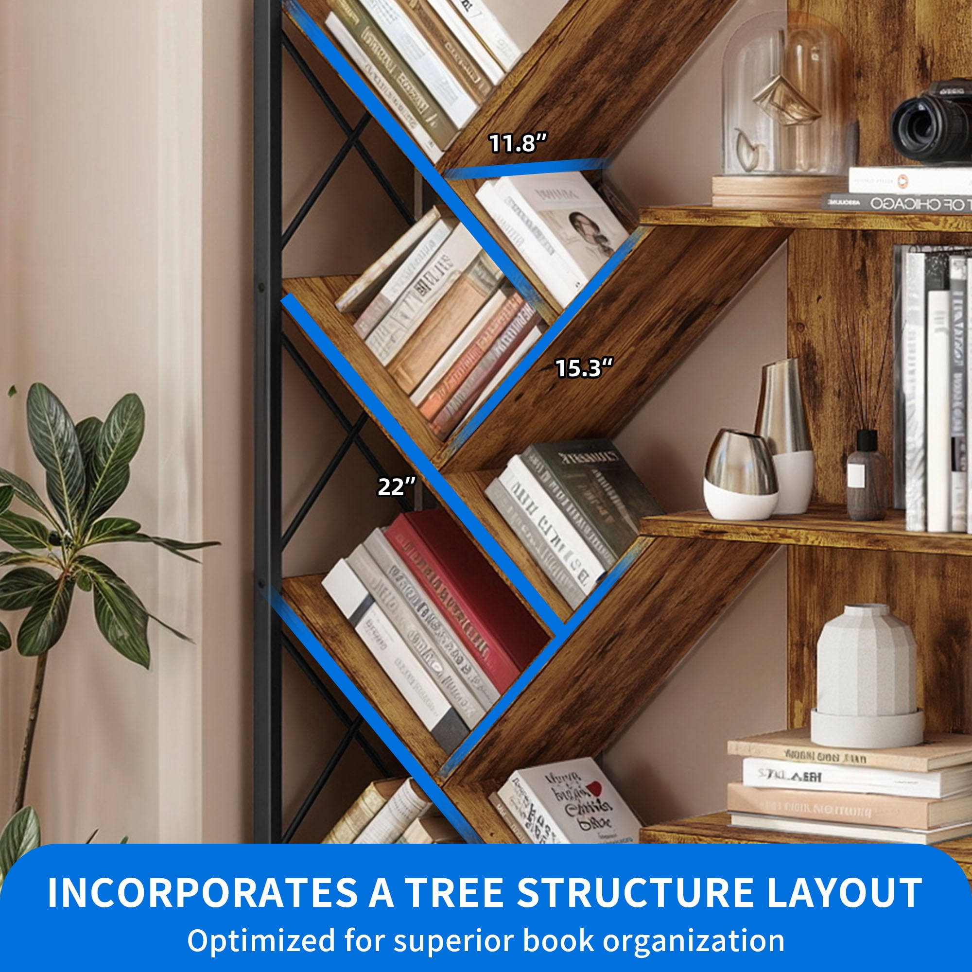 Uforic 5 Tier Tall Bookshelf, 70.8" Wide Tree Bookcase, Industrial Large Bookshelves, Etagere Storage Display Shelf for Living Room,Bedroom, Home Office, Brown