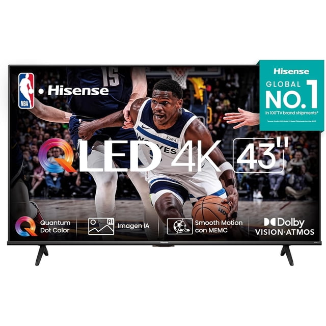 hisense television qd6n pantalla 43 pulgadas,qled smart google tv uhd 4k,control remoto por voz con alexa,dolby vision atmos Televisor Hisense QD6N 43" QLED 4K con vista frontal mostrando partido de baloncesto en pantalla, biseles negros delgados y base visible, iconos en la pantalla que indican Quantum Dot Color, Imagen IA, Smooth Motion con MEMC y Dolby Vision‑Atmos; etiqueta verde "Global No.1" en la esquina superior derecha.