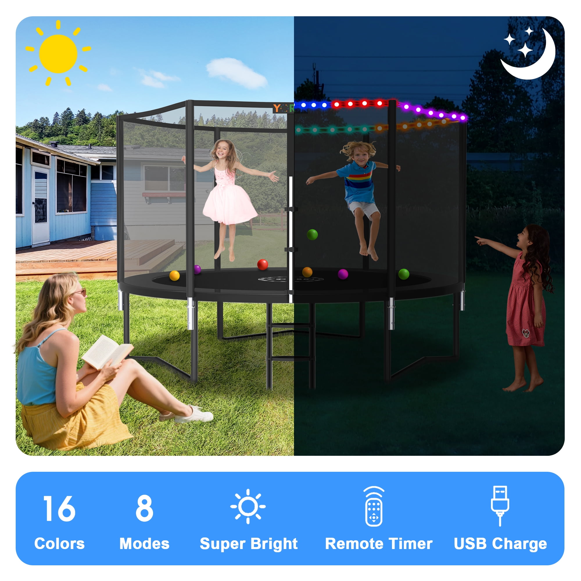 YORIN 10FT 8FT 12FT 14FT Trampoline with Enclusore Net, Sprinkler & LED Lights, 1000LBS Capacity Outdoor Trampoline for 3-4 Kids, Safety Enclosure Net, Ladder, Heavy-Duty Backyard Round Trampoline