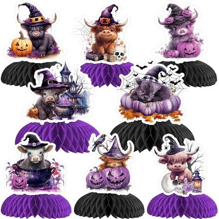 8 Highland Cow Halloween Honeycomb Centerpieces Decoration, Holy Purple Cattle Print Farm Themed Animal Table Topper for Boys Girls Baby Shower Birthday Party Supplies