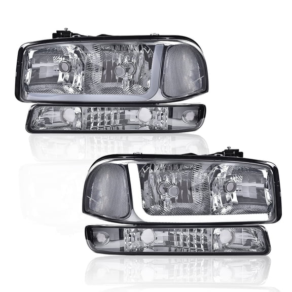 LED DRL Headlights W/ Bumper Signal Lamps Fit For 1999-2007 GMC Sierra/2000-2006 GMC Yukon Smoky Lens Chrome Housing Clear Reflector