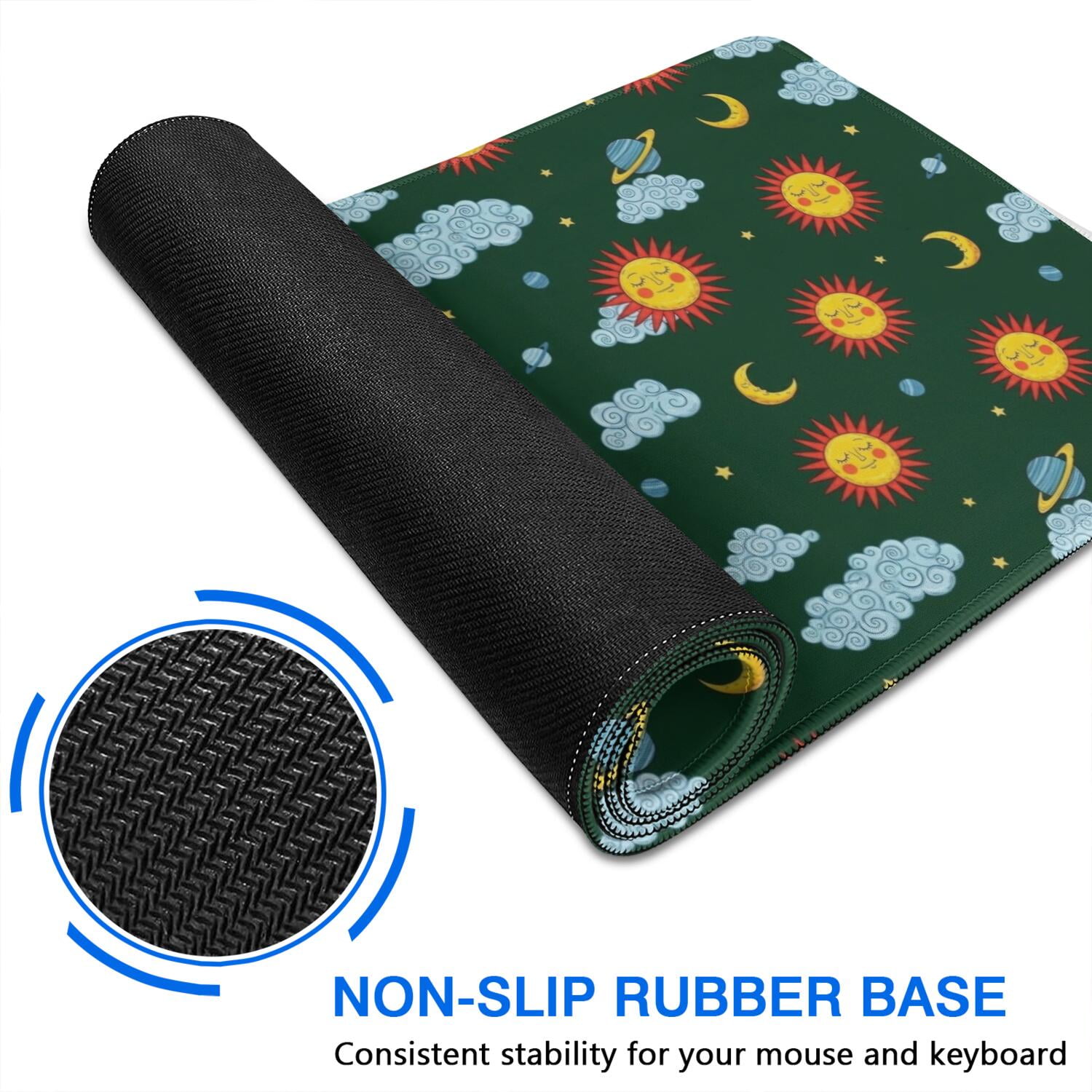 Long Mouse Pads for Desk,Green Sun Moon Cloud Planet Pattern Desk Mats on Top Of Desks, Desk Mouse Pad Extra Large with 3mm Non-Slip Base and Stitched Edge for Gaming,Office,Work,Home 35.4"x15.7"