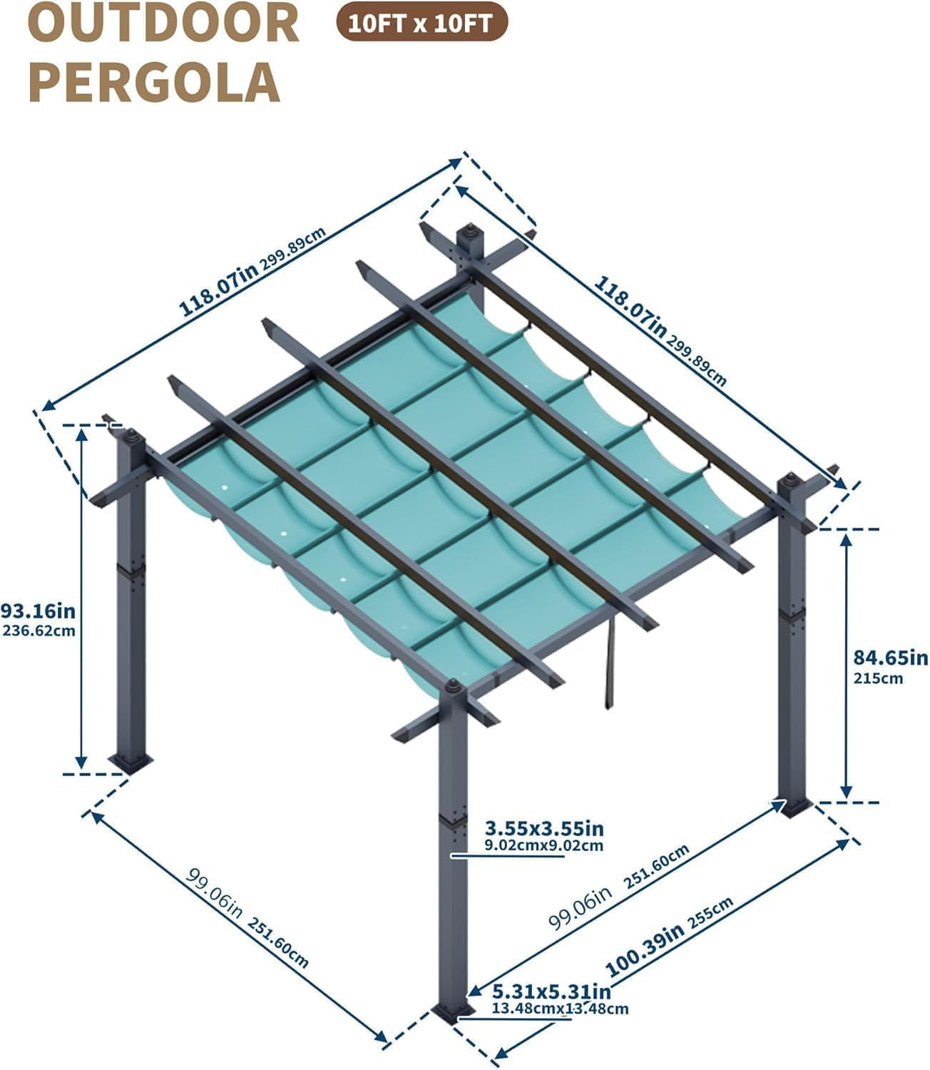 10x10 Ft Aluminum Pergola,Outdoor Metal Gazebo with Adjustable Canopy,Reinforced Frame Outdoor Shelter for Backyard,Patio Lawn and Deck - Blue