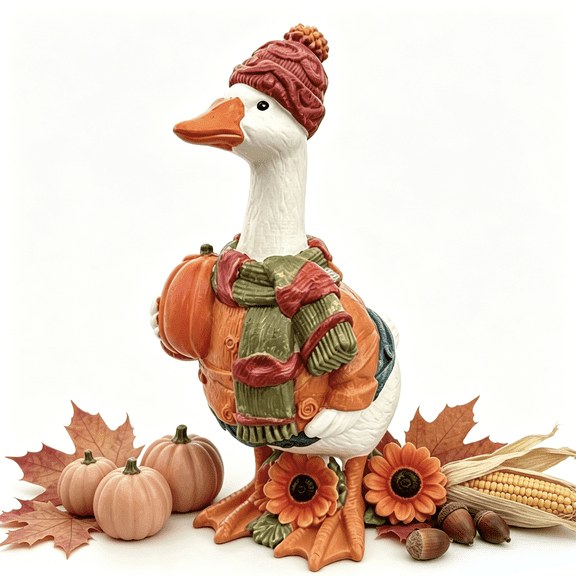 Autumn Duck Figurine with Pumpkin, Hand Painted Cute Resin Duck Statue for Thanksgiving, Harvest Duck Ornament for Yard Porch Desktop
