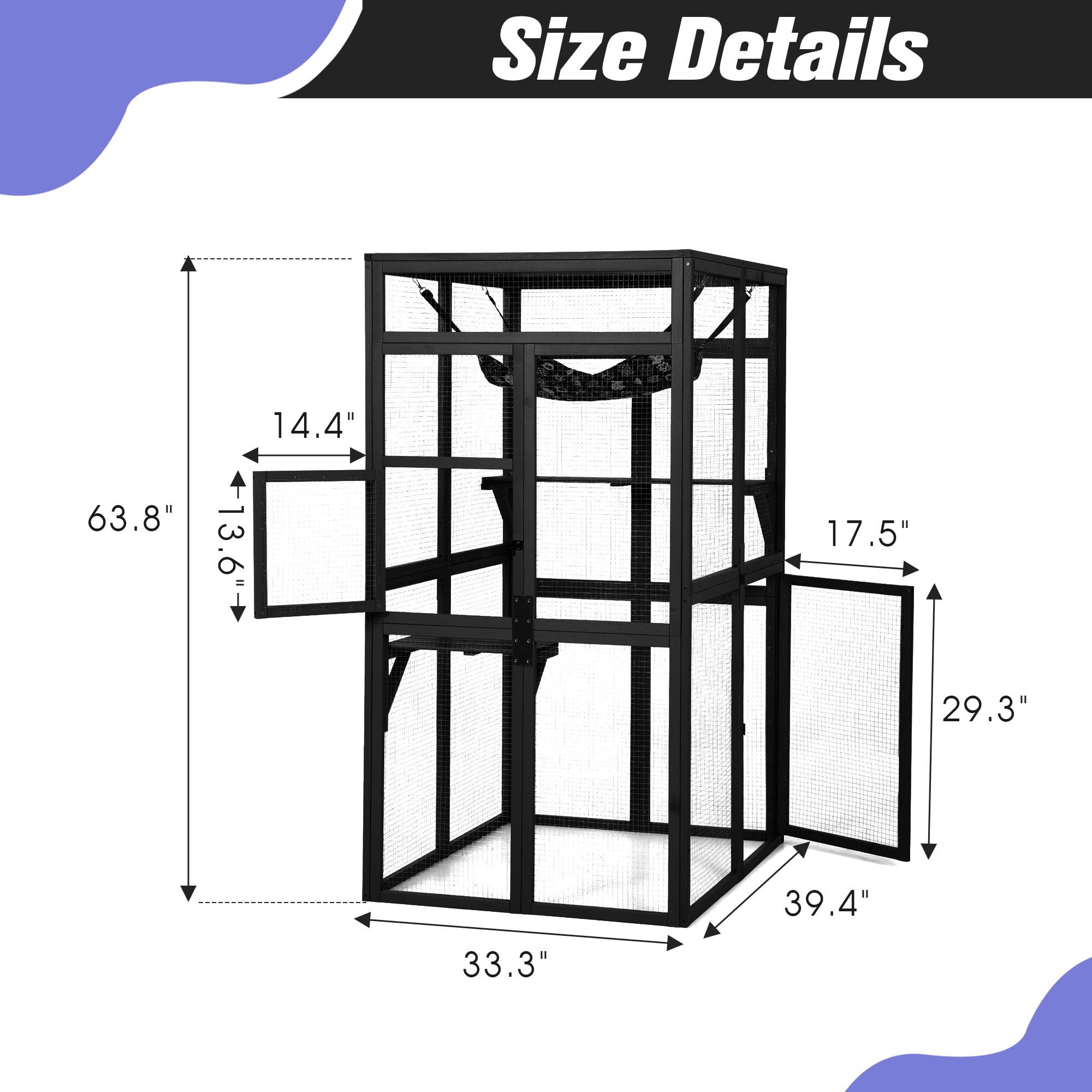 Pefilos 64" Cat House Outdoor Catio Cat Enclosures Wooden Kitty House with Platforms, Waterproof Roof, Hammock, Gray