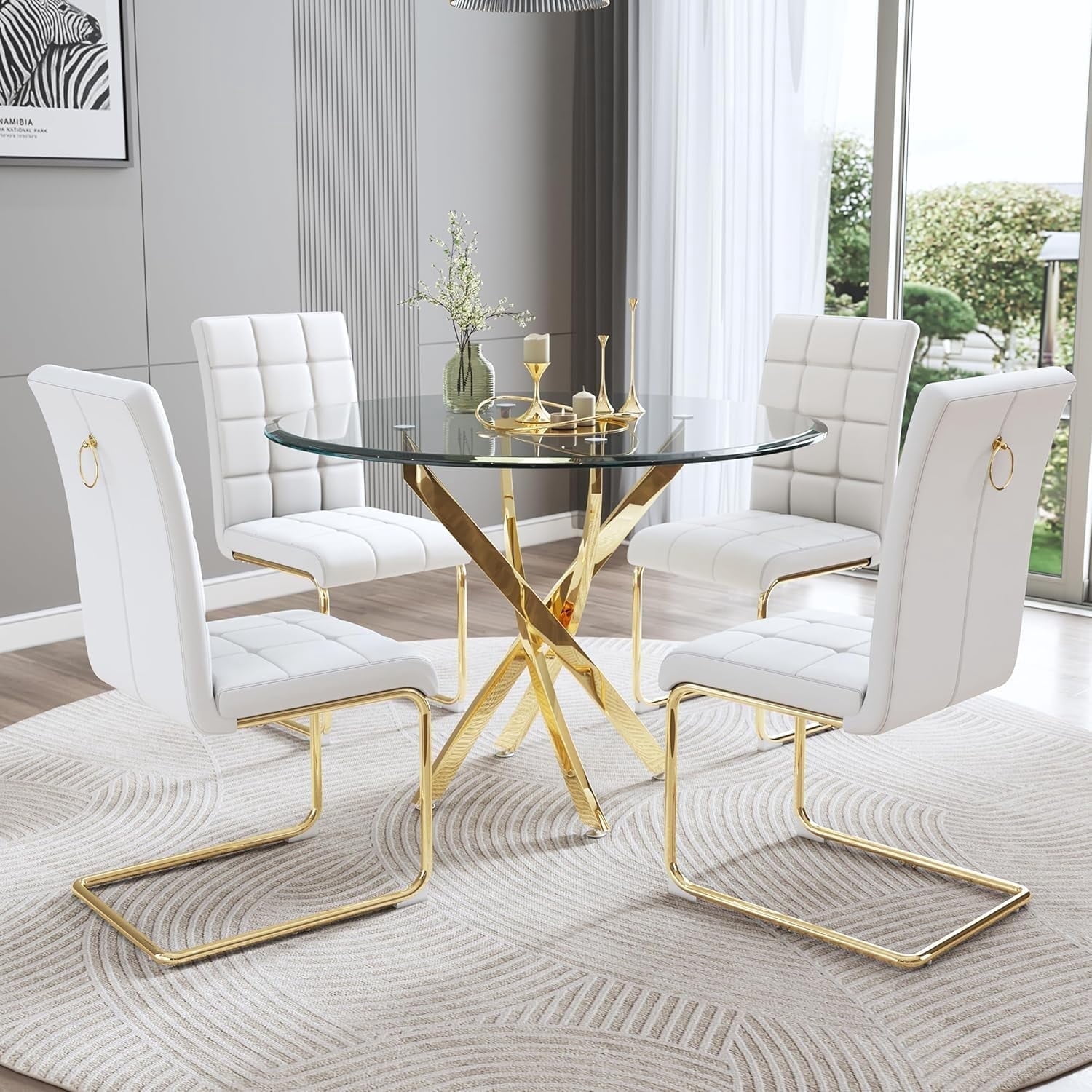 5-Piece Dining Table Set, 36" Round Clear Tempered Glass Table & 4 PU Cantilever Chairs with Stainless Steel Legs, Dining Table Set for Small Space, Apartment, Home Office