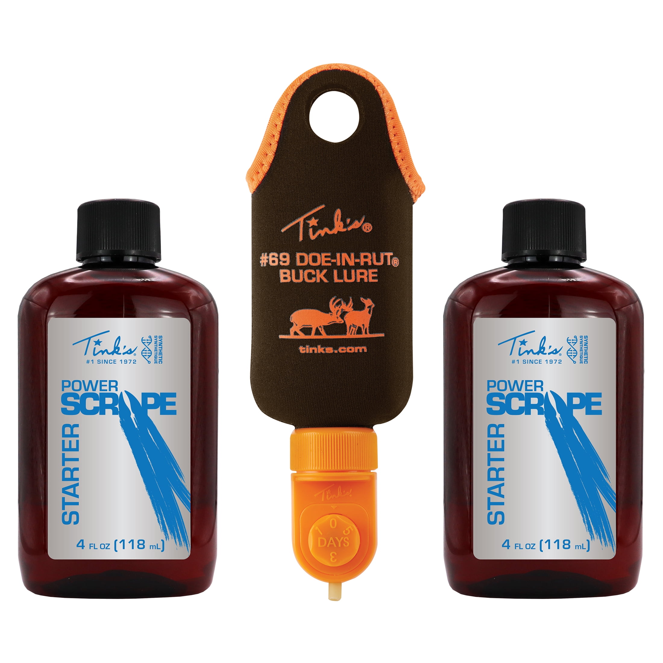 (2 pack) Tink's® Dial-A-Dripper Mock Scrape Starter Kit with two 4 oz. bottles of Tink’s® Power Scrape® Mock Scrape Starter Scent and one Dial-A-Dripper with neoprene hanging bag.