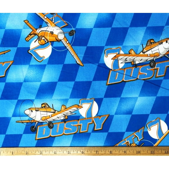1 Yard - Disney Dusty Airplane on Blue Racing Check Cotton Fabric (Great for Quilting, Sewing, Craft Projects, Throw Pillows & More) 1 Yard X 44" Wide