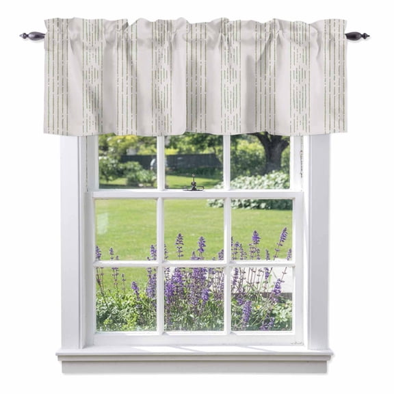 Sage Green Stripe Kitchen Curtain Valances for Windows Farmhouse Short Curtains, Modern Abstract Vertical Stripes Beige Rod Pocket Valance Curtain for Bedroom Cafe Living Room