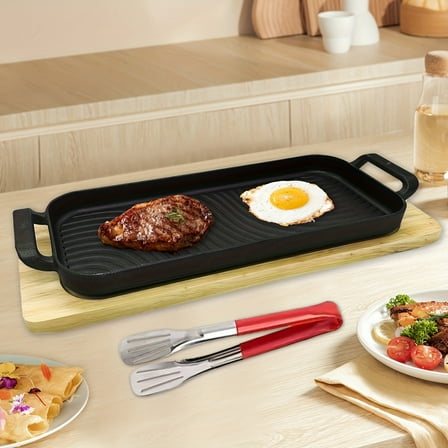 "2-Pack Cast Iron Steak Grill Set - 17.7"Square Plate with Wooden Base - Outdoor BBQ & Grilling"