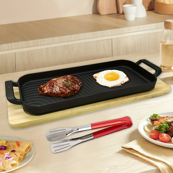 "2-Pack Cast Iron Steak Grill Set - 17.7"Square Plate with Wooden Base - Outdoor BBQ & Grilling"