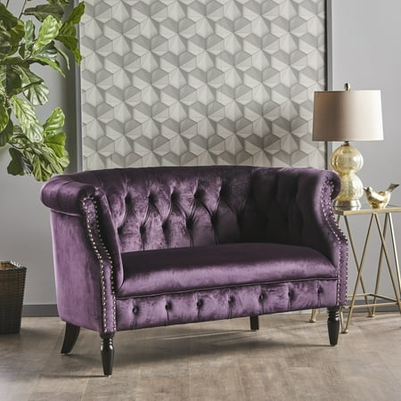 - Noble House Myrna Tufted Scroll Arm Velvet Loveseat,Blackberry