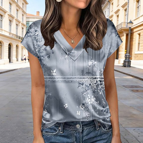 Zivyakyron Short Sleeve Womens T Shirts V-Neck Summer Women Tops Floral Anniversary Tunic Loose Casual Tops
