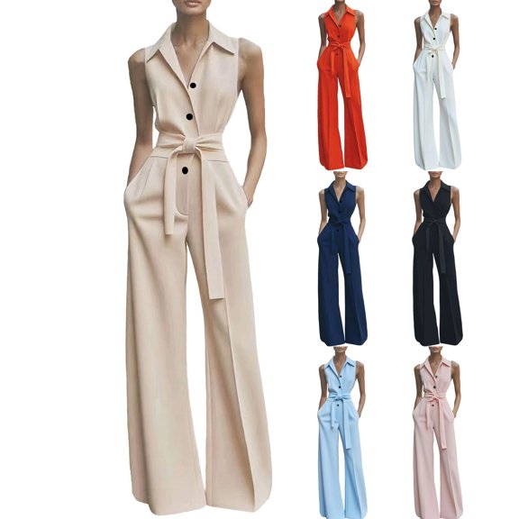 Wide Leg Pants Women's Fashion Summer Solid Casual Sleeveless Button Belt Long Jumpsuit Beige XL