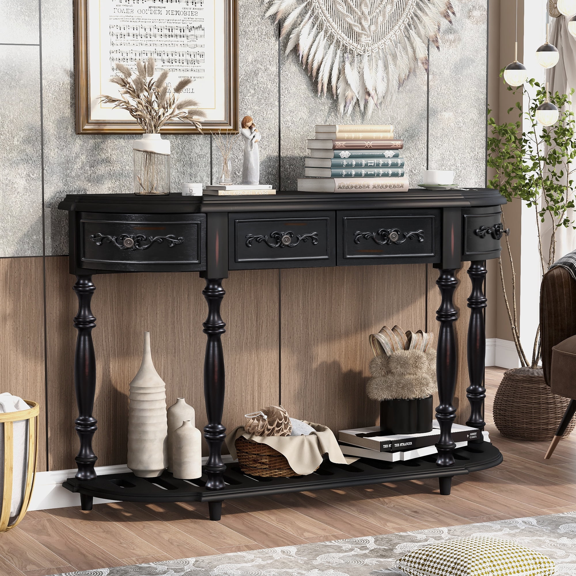 EUROCO 52" Longer Curved Console Table, Half Moon Sofa Table Entry Table with 4 Drawers,1 Open Shelf and Solid Wooden Frame for Living Room,Entryway,Hallway,Black