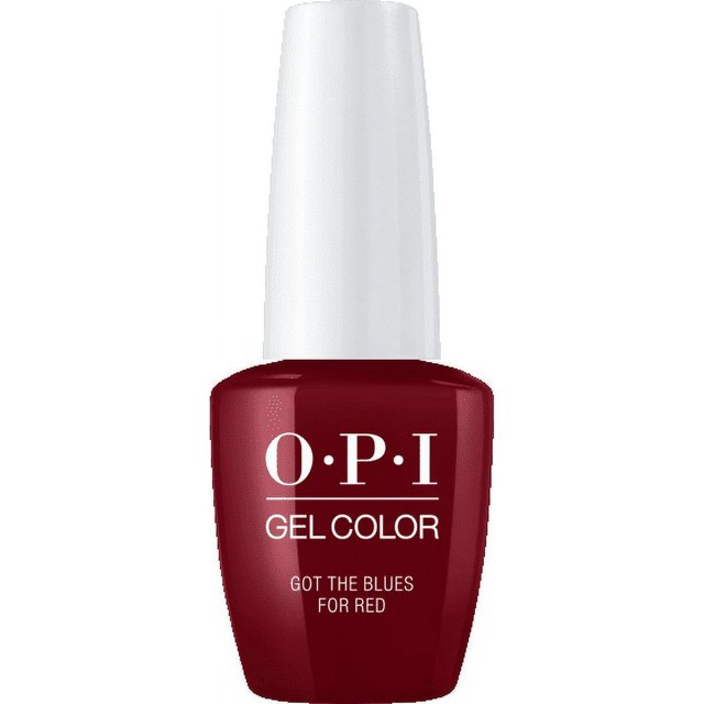 esmalte de uñas en gel, got the blues for red (w52), 15 ml/0.5 fl oz frasco frontal centrado de esmalte rojo profundo con tapa blanca y texto OPI GelColor legible; vidrio brillante, se seca en 30 segundos y dura semanas; suele utilizarse también para retoques durante viajes.