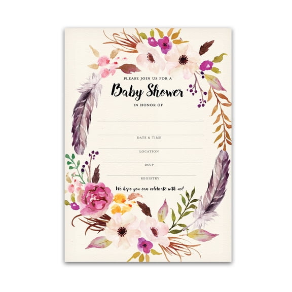 BOHEMIAN Baby Shower INVITATIONS — Pack of 25 — BOHO BABY GIRL Blank Fill-in Baby Shower INVITES, Rustic Boho Pink Floral Feather Wreath Couples Shower Co-ed Shower Invitation Coed I400-INV1