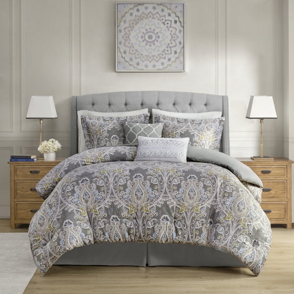 GDF Studio 6-Piece Cotton Sateen Damask Comforter Set, Traditional Style, King Size, Gray