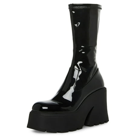 

Steve Madden Arrow Black Leather Chunky Heeled Platform Boots (Black Patent Leather 8)