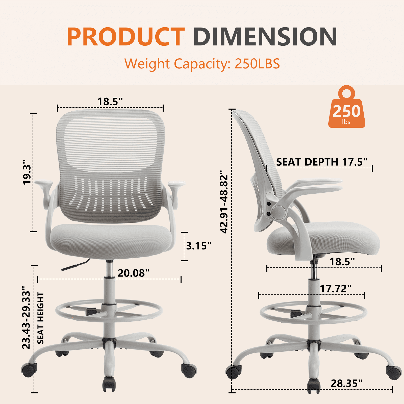 MAYEERTY Ergonomic Office Chair for Standing Desk with Adjustable Height, Computer Desk Chairs, Movable Armrest, Gray