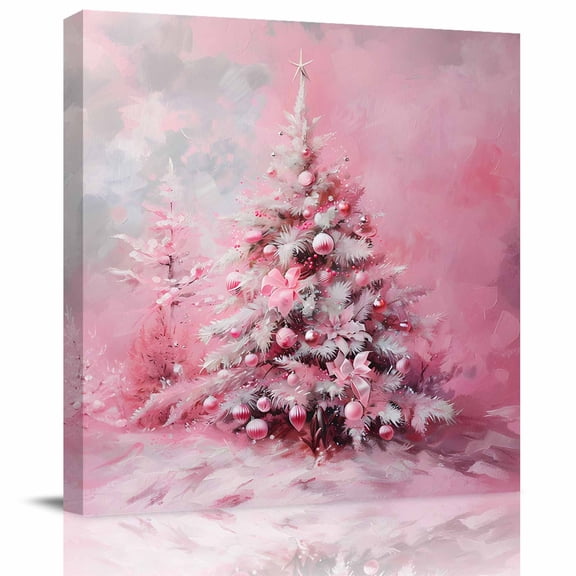 Wall Art Prints, Pink Christmas Tree Framed Canvas Prints for Bedroom Living Room Bathroom Office, Xmas Tree Oil Painting Gallery Wrap Wall Art Poster for Gifts Home Decor 12"x12"