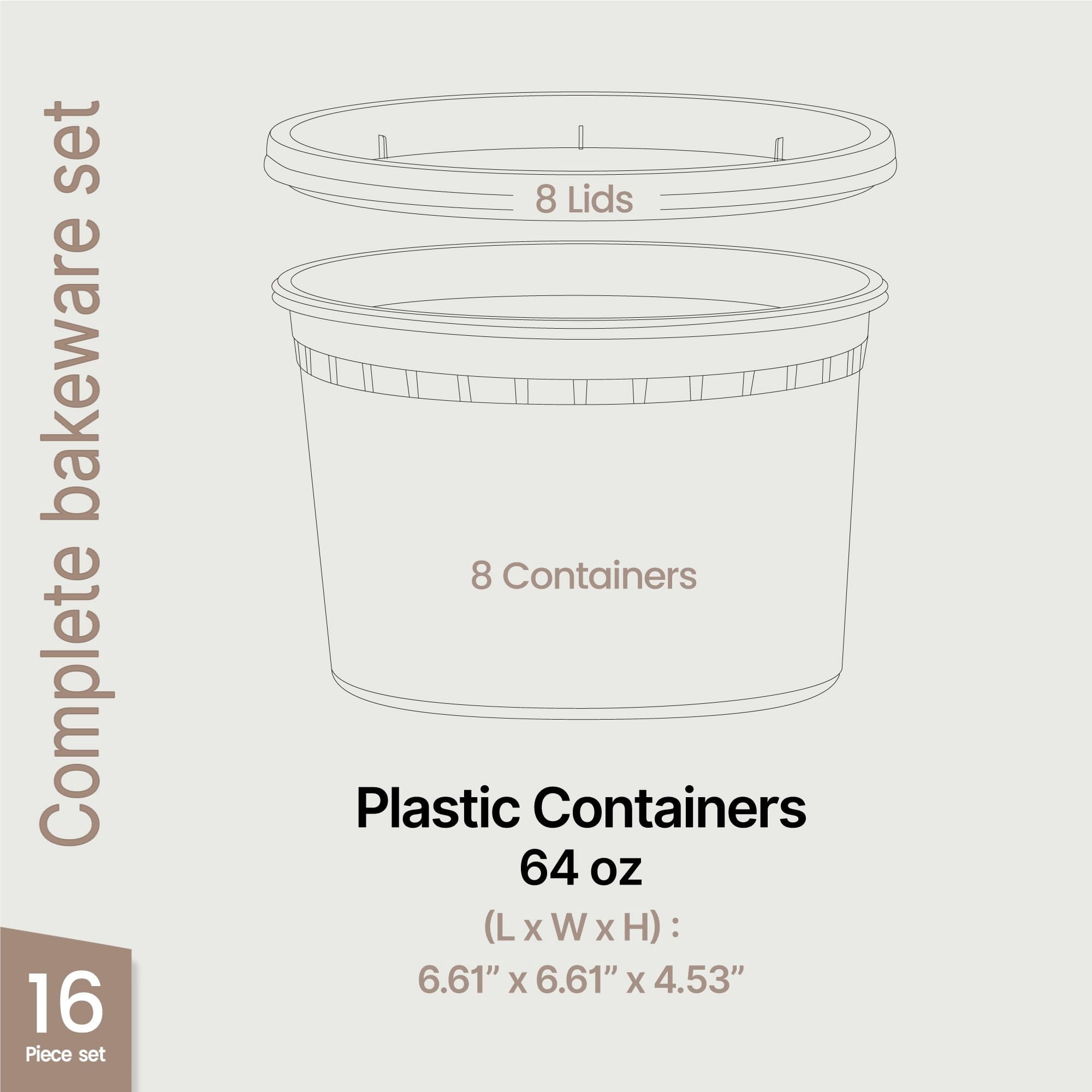 Bakken Plastic Deli Containers with Lids 64oz, Leak-Proof Food Storage, Freezer & Microwave Safe, 16 Pack
