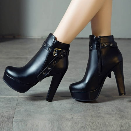 

iLUGU Fashion Women Waterproof Platform Round Head High Heels Zipper Ankle Boots