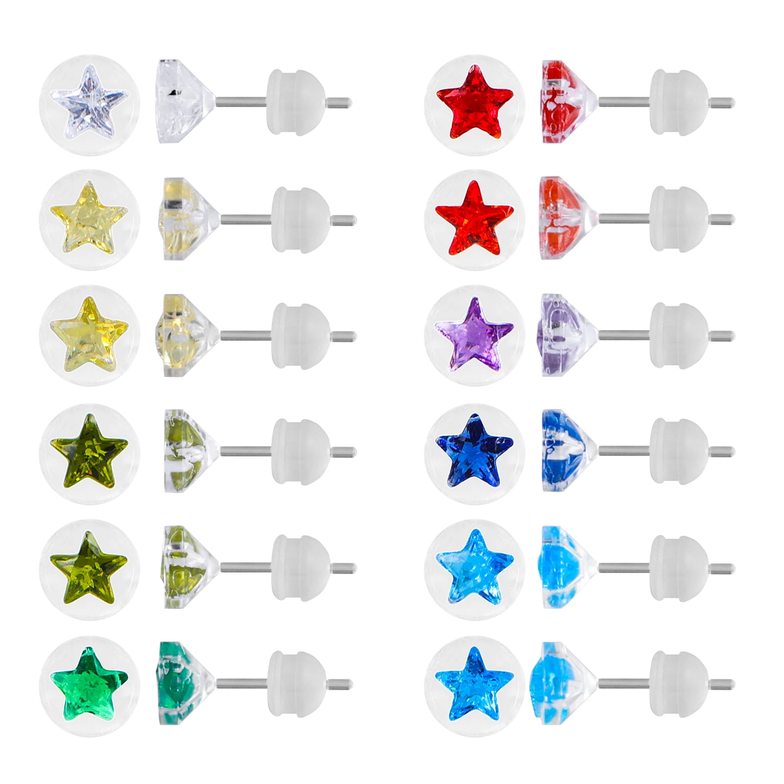 12 Pairs Plastic Stud Earrings for Sensitive Ears, Round Heart Star Cubic Zirconia Birthstone CZ
