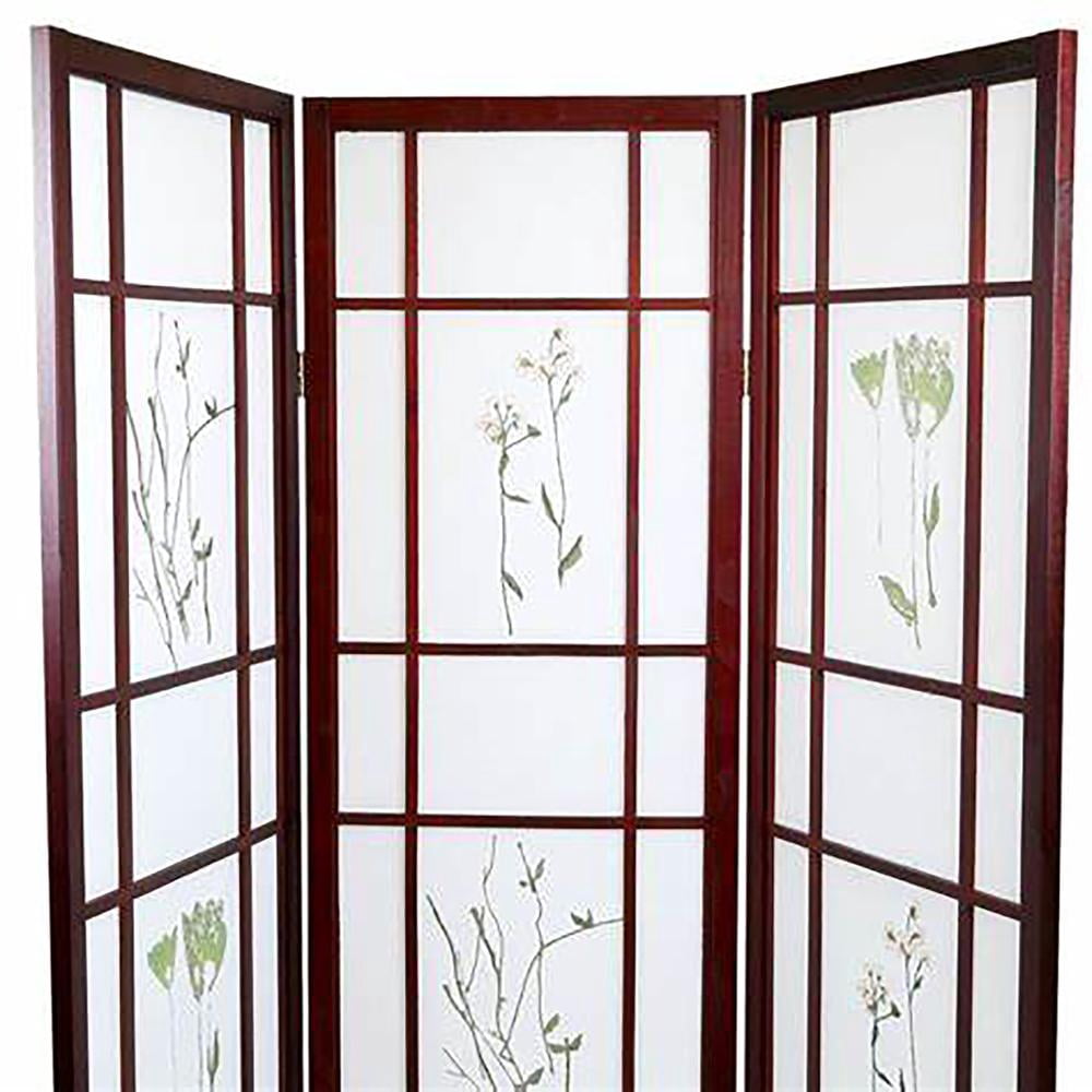 3 Panel Floral Shoji Screen, Rosewood Frame Room Divider