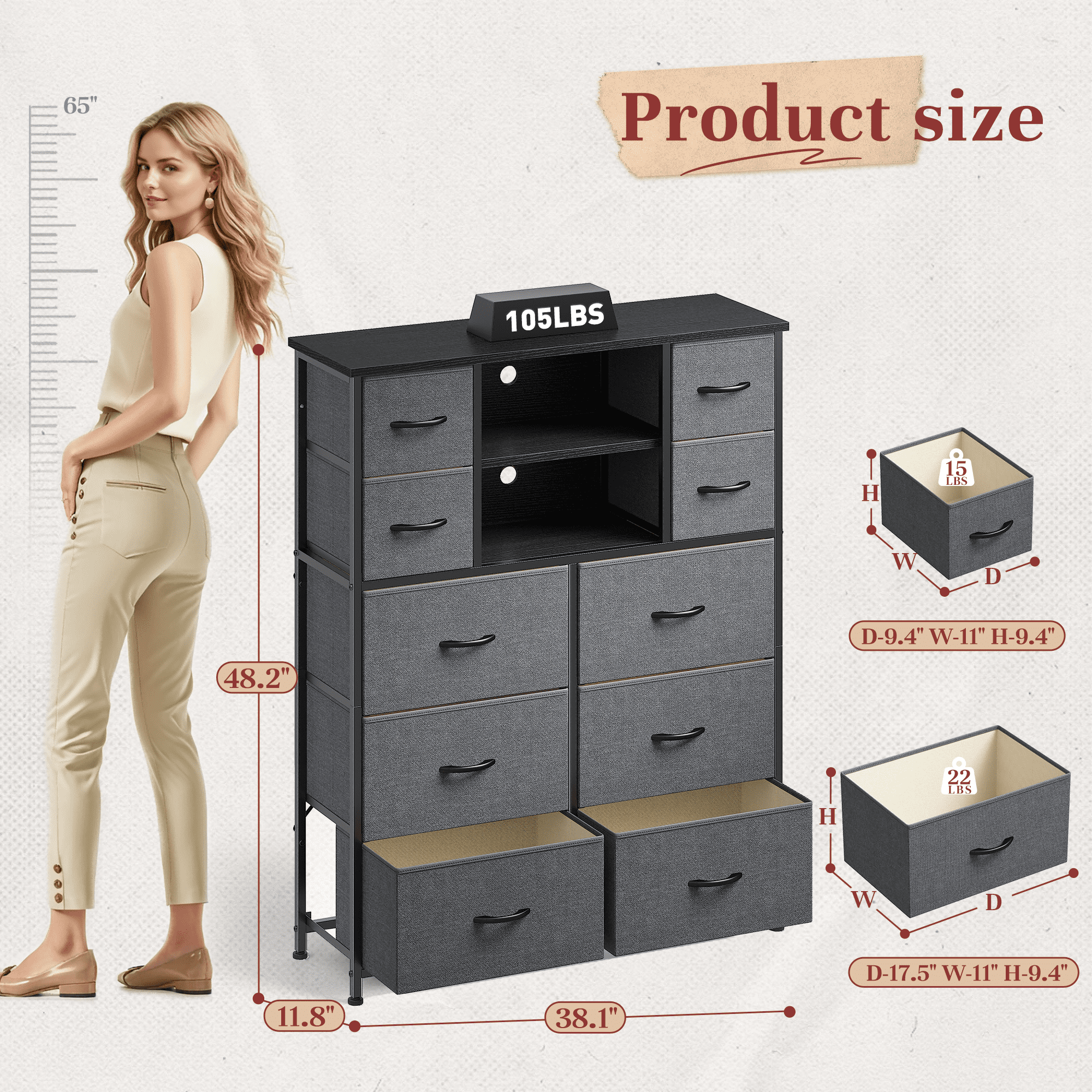 EnHomee Tall Dresser with Cabinet and Ten Drawers, Gray, 48"*38"