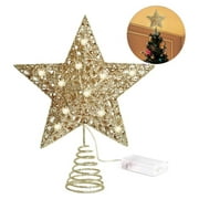 Christmas Tree Toppers, Glitter Gold Star Tree Topper Lighted with 30 LED Lights for Xmas Tree Decorations, Holiday Party Indoor Decor