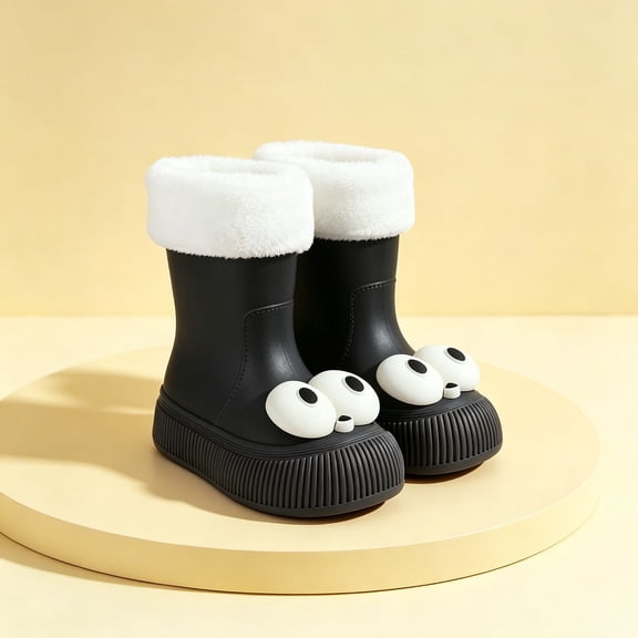 Womens & Girls 3D Big Eye Mid Calf Rain Boots Vertical Rib Chunky Sole Non Slip Waterproof PVC Wellies for Cold Weather Park Rainy Outdoor Play Black 28