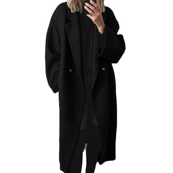Women's Winter Double Breasted Wool Coat Long Sleeve Lapel Long Trench Coat Black L