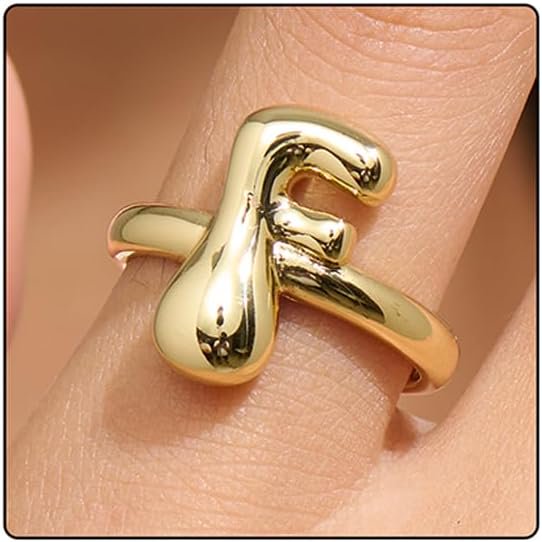 14k Gold Plated Bubble Letters Ring For Women，Dainty Balloon Initial Letter Adjustable Charm Rings Open Simple Alphabet A-Z Fashion Gift Jewelry