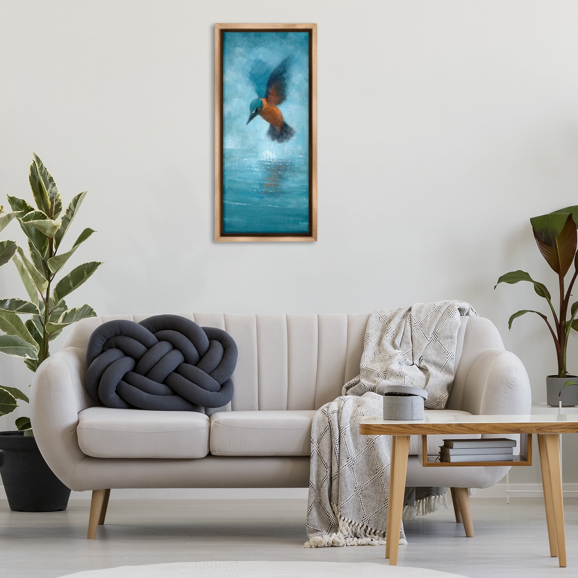 Stupell Industries Hummingbird Splashing Surface Animals Painting Brown Floater Framed Canvas Art Print Wall Art, 14 x 31