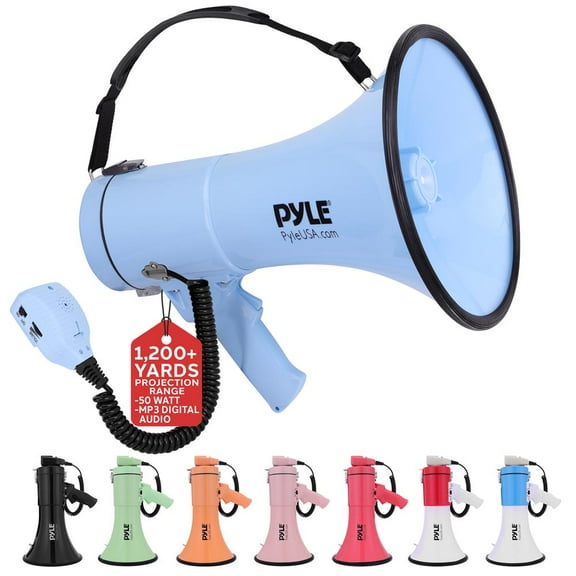 Lightweight and Portable Bullhorn Megaphone, Aux (3.5mm) Input for MP3/Music, Automatic Siren, 50-Watt, MIC/TALK (Blue)