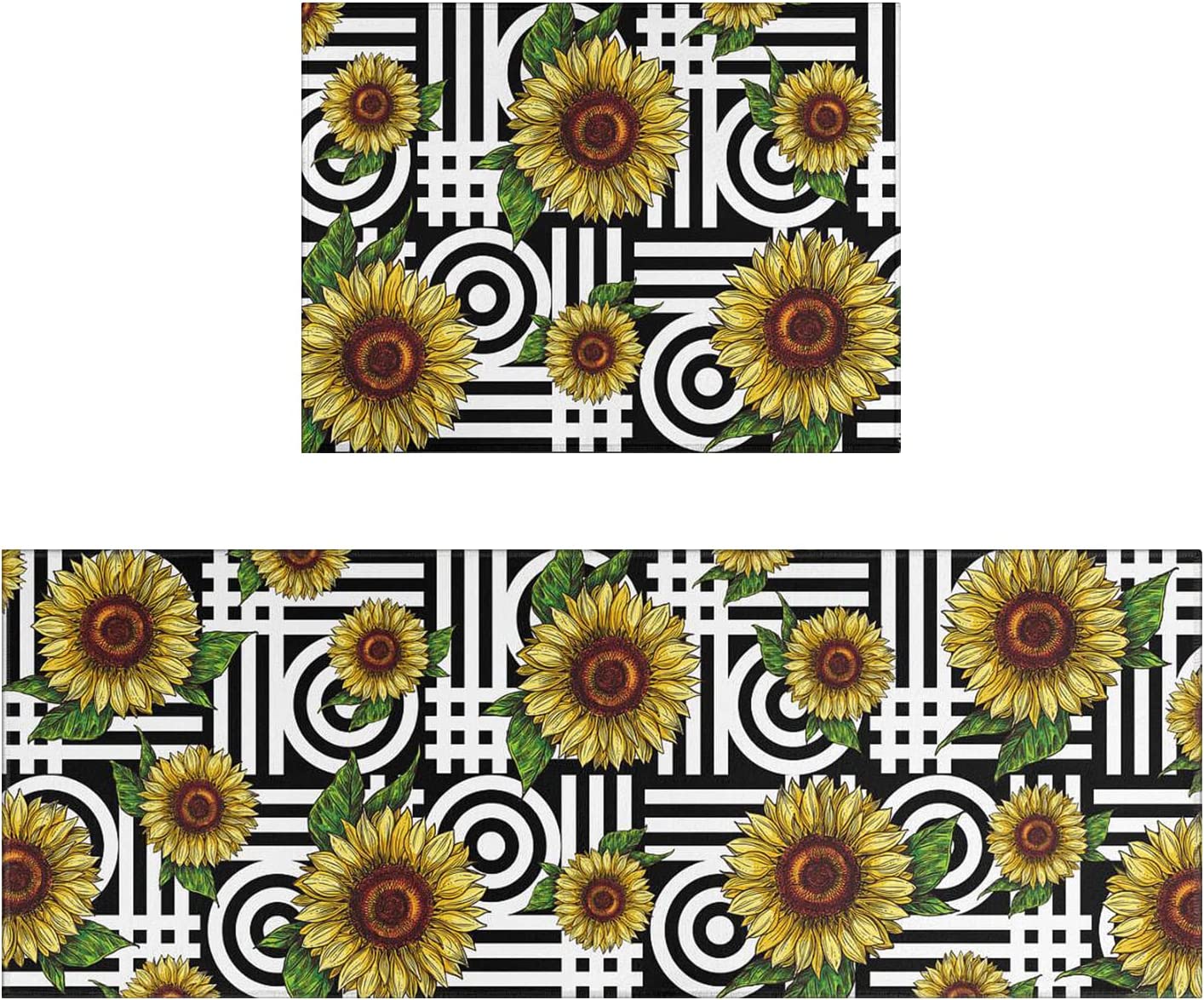 Sunflower Kitchen Rugs and Mats 2 Piece Set NonSkid Washable Rubber