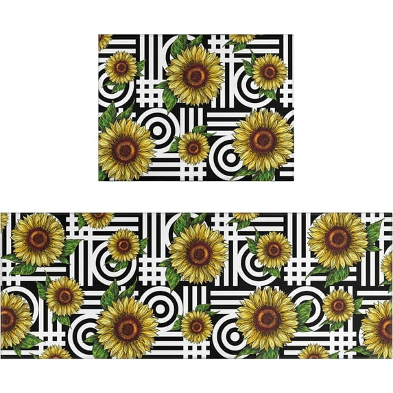 Sunflower Kitchen Rugs and Mats 2 Piece Set Non-Skid Washable Rubber Kitchen Rug Runner Floor Mat Sunflower Decor Black and White
