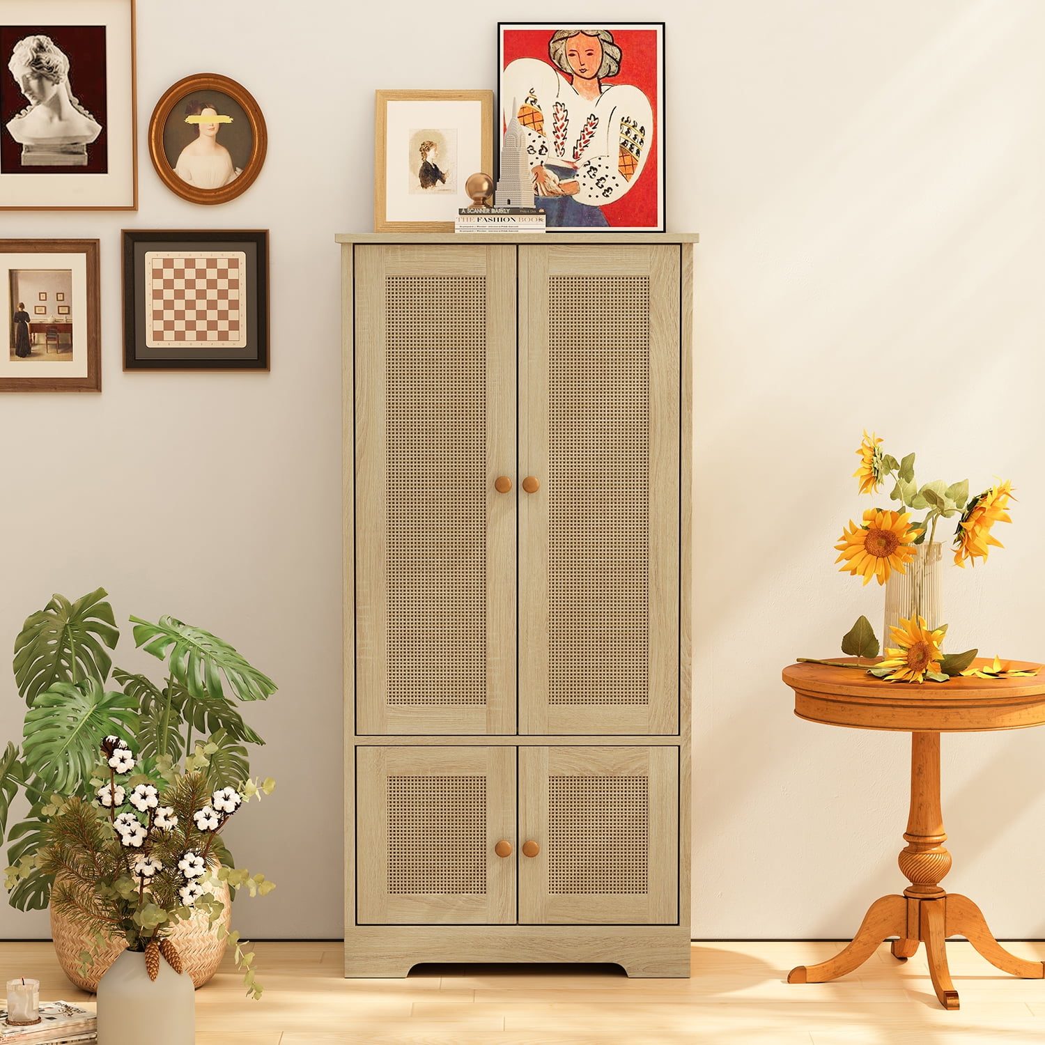 Kadyn 4-Door Rattan Decorative Storage Cabinet, Kitchen Pantry Cabinet with Doors, 47.5" Tall Storage Cabinet for Bedroom, Natural
